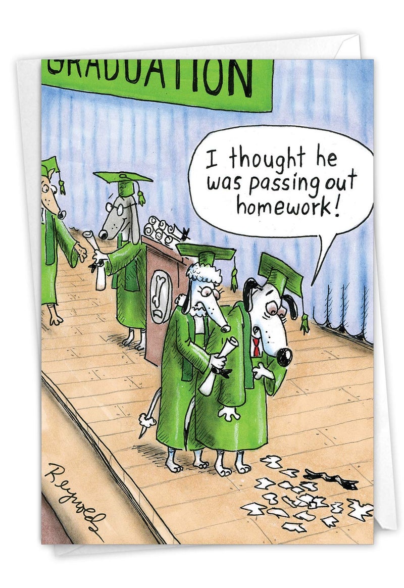 NobleWorks - 1 Funny Happy Graduation Card - Cartoon Humor for Grad, Congrats Graduate Notecard with Envelope - Dog Graduation 3943 - Image 1